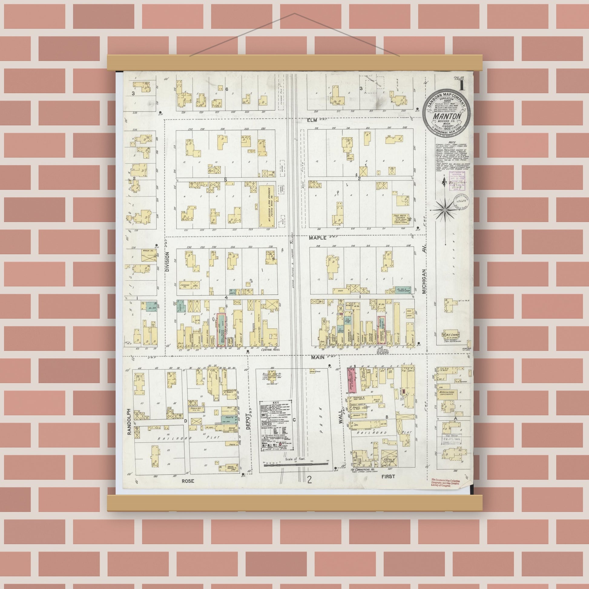 Old map wall art mockup — magnetic wood frame on brick wall — Sanborn Fire Insurance Map from Manton, Wexford County, Michigan (1902) - Complete Map Set