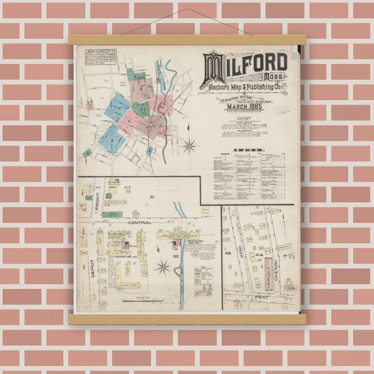 Old map wall art mockup — magnetic wood frame on brick wall — Sanborn Fire Insurance Map from Milford, Worcester County, Massachusetts (1885) - Complete Map Set
