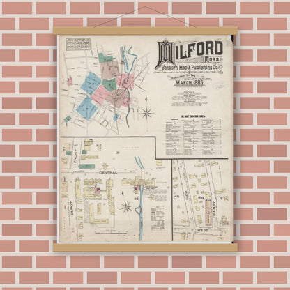Old map wall art mockup — magnetic wood frame on brick wall — Sanborn Fire Insurance Map from Milford, Worcester County, Massachusetts (1885) - Complete Map Set
