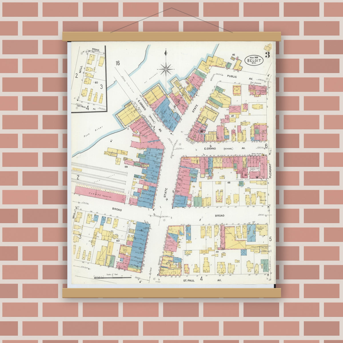 Old map wall art mockup — magnetic wood frame on brick wall — Sanborn Fire Insurance Map from Beloit, Rock County, Wisconsin (1908), Sheet #0003