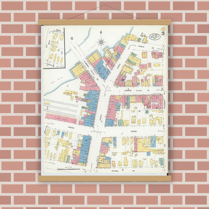 Old map wall art mockup — magnetic wood frame on brick wall — Sanborn Fire Insurance Map from Beloit, Rock County, Wisconsin (1908), Sheet #0003