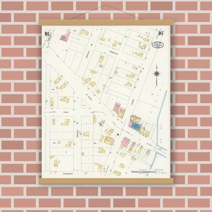 Old map wall art mockup — magnetic wood frame on brick wall — Sanborn Fire Insurance Map from Anoka, Anoka County, Minnesota (1925), Sheet #0016