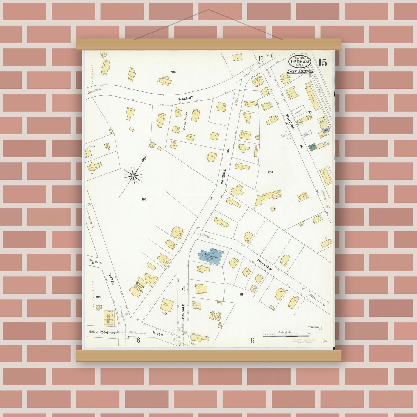 Old map wall art mockup — magnetic wood frame on brick wall — Sanborn Fire Insurance Map from Dedham, Norfolk County, Massachusetts (1909), Sheet #0015