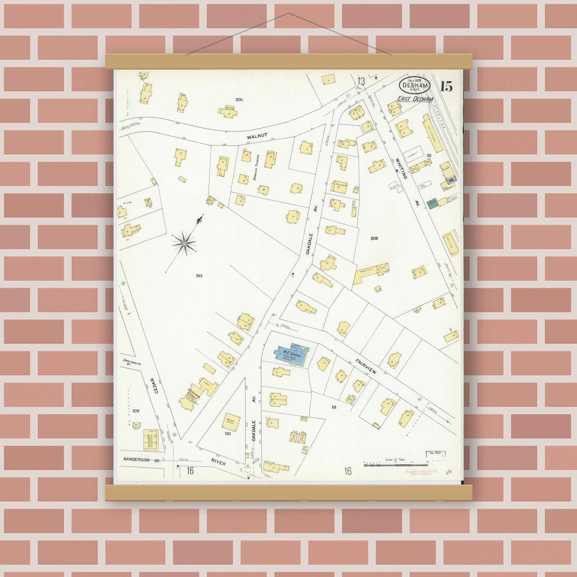 Old map wall art mockup — magnetic wood frame on brick wall — Sanborn Fire Insurance Map from Dedham, Norfolk County, Massachusetts (1909), Sheet #0015