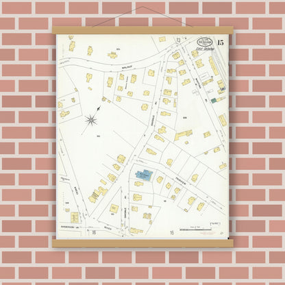 Old map wall art mockup — magnetic wood frame on brick wall — Sanborn Fire Insurance Map from Dedham, Norfolk County, Massachusetts (1909), Sheet #0015