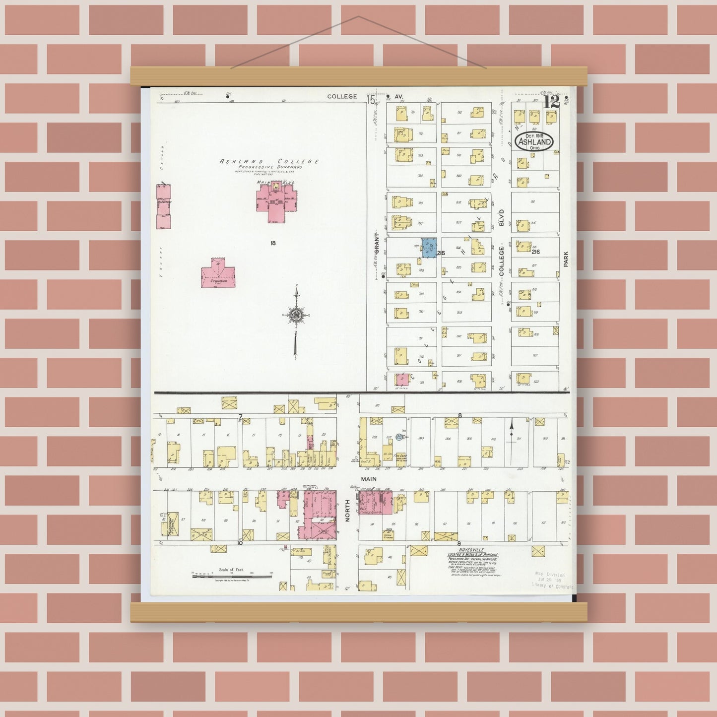 Old map wall art mockup — magnetic wood frame on brick wall — Sanborn Fire Insurance Map from Ashland, Ashland County, Ohio (1919), Sheet #0012