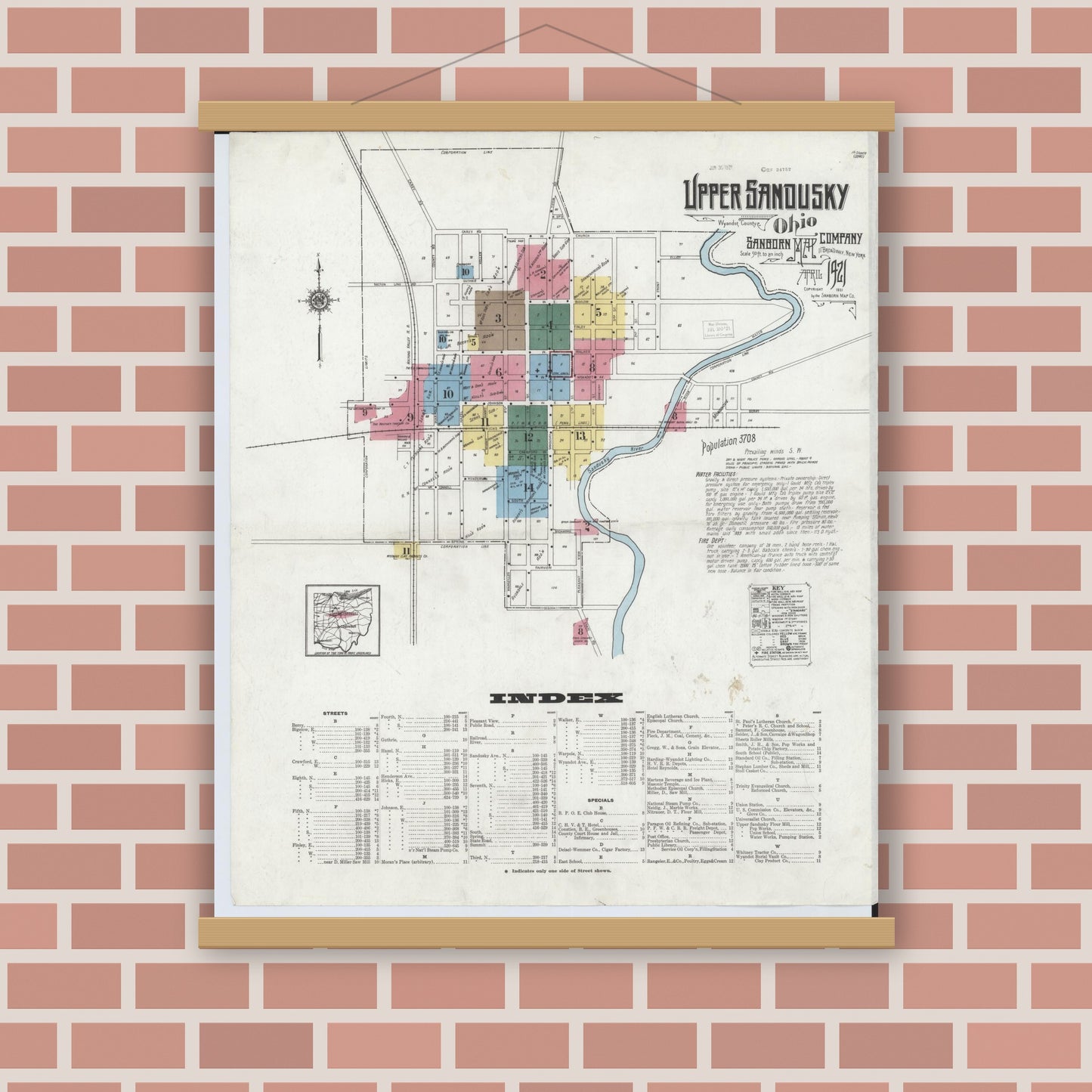Old map wall art mockup — magnetic wood frame on brick wall — Sanborn Fire Insurance Map from Upper Sandusky, Wyandot County, Ohio (1921) - Complete Map Set