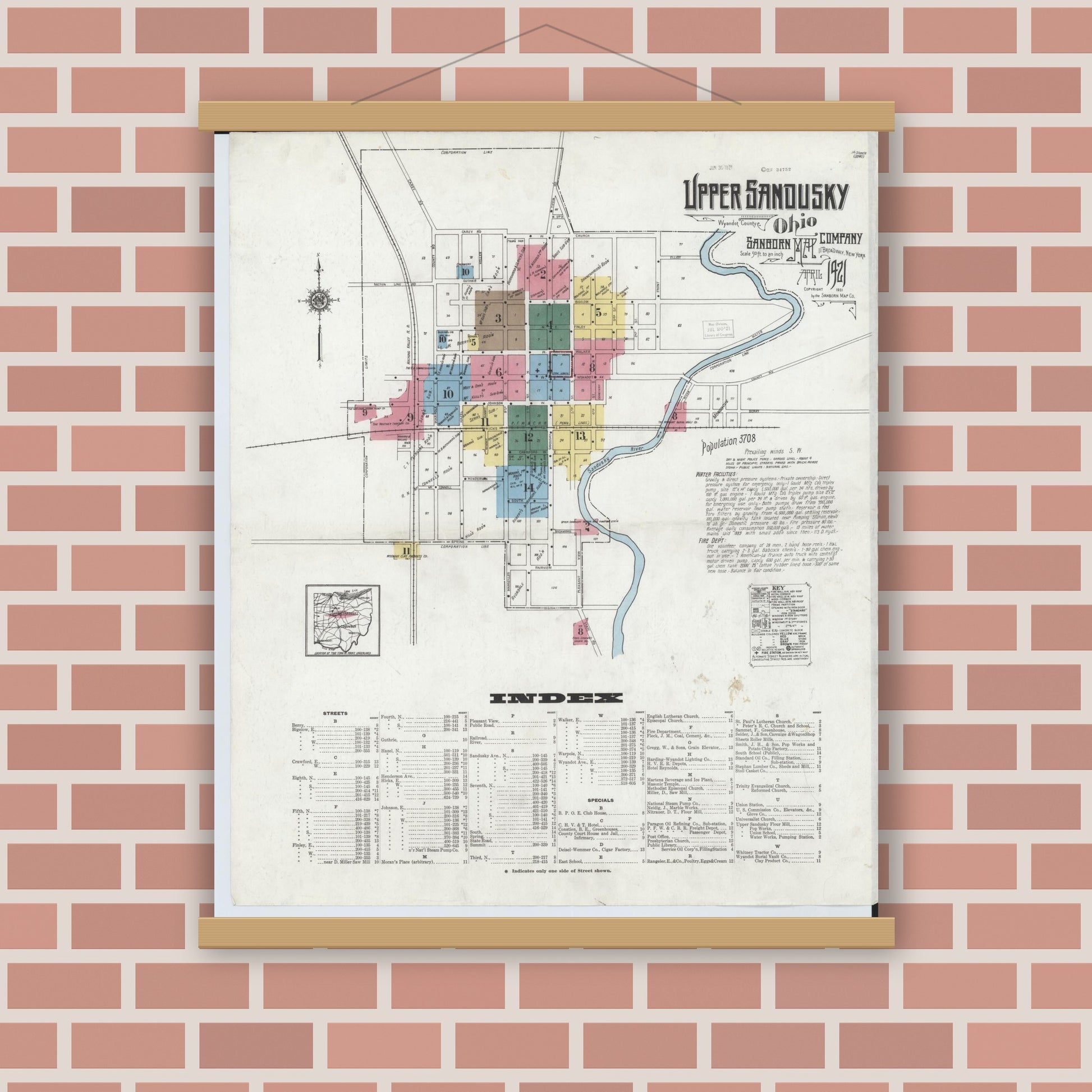 Old map wall art mockup — magnetic wood frame on brick wall — Sanborn Fire Insurance Map from Upper Sandusky, Wyandot County, Ohio (1921) - Complete Map Set