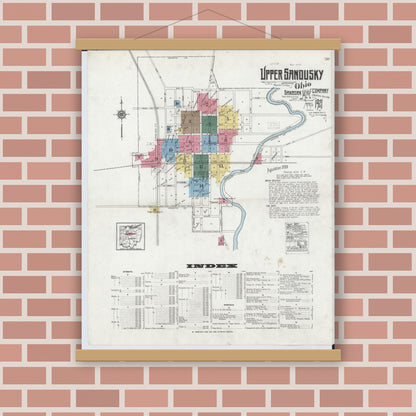 Old map wall art mockup — magnetic wood frame on brick wall — Sanborn Fire Insurance Map from Upper Sandusky, Wyandot County, Ohio (1921) - Complete Map Set
