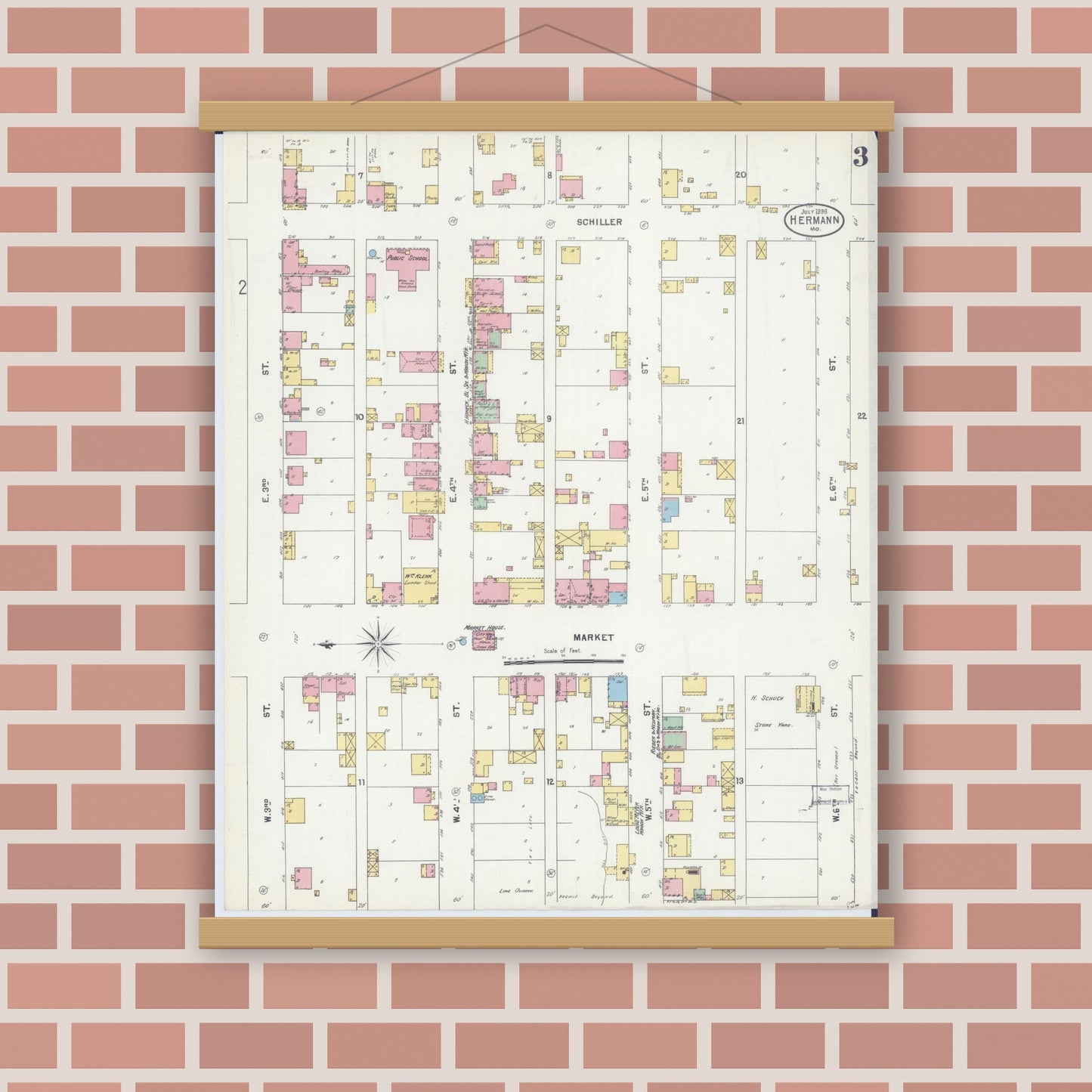 Old map wall art mockup — magnetic wood frame on brick wall — Sanborn Fire Insurance Map from Hermann, Gasconade County, Missouri (1898), Sheet #0003