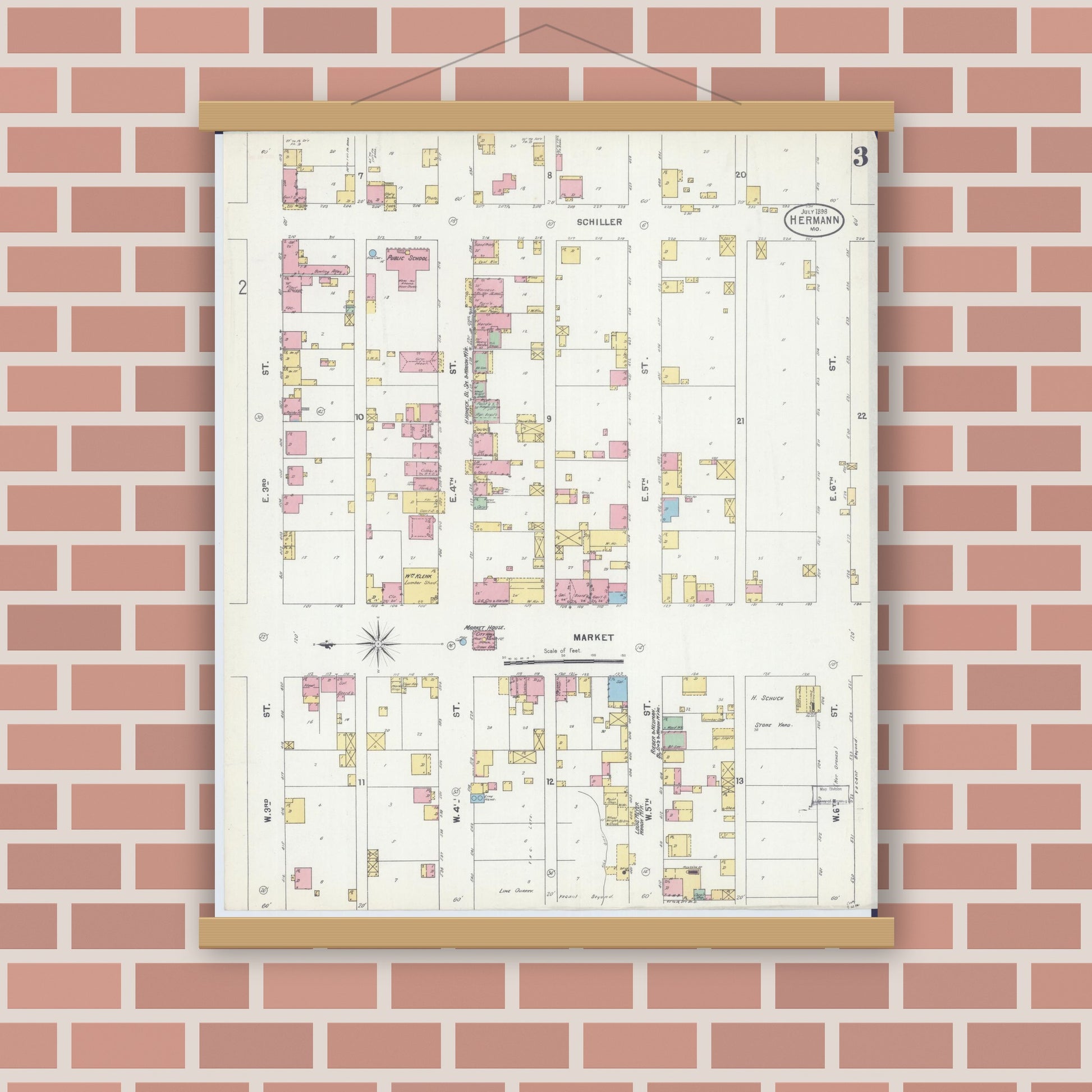 Old map wall art mockup — magnetic wood frame on brick wall — Sanborn Fire Insurance Map from Hermann, Gasconade County, Missouri (1898), Sheet #0003