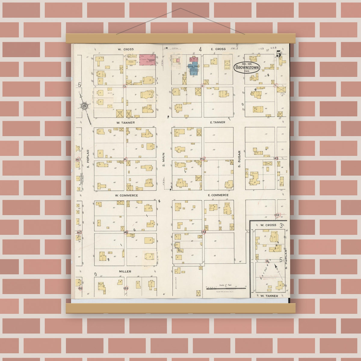 Old map wall art mockup — magnetic wood frame on brick wall — Sanborn Fire Insurance Map from Brownstown, Jackson County, Indiana (1933), Sheet #0005