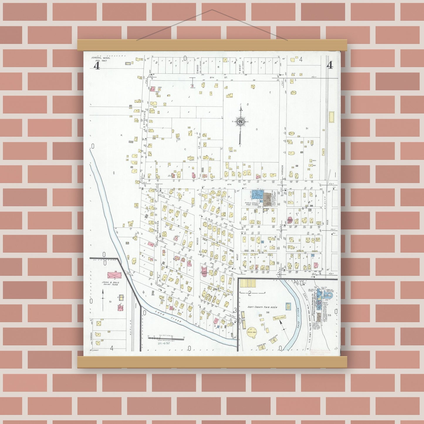 Old map wall art mockup — magnetic wood frame on brick wall — Sanborn Fire Insurance Map from Jordan, Scott County, Minnesota (1947), Sheet #0004