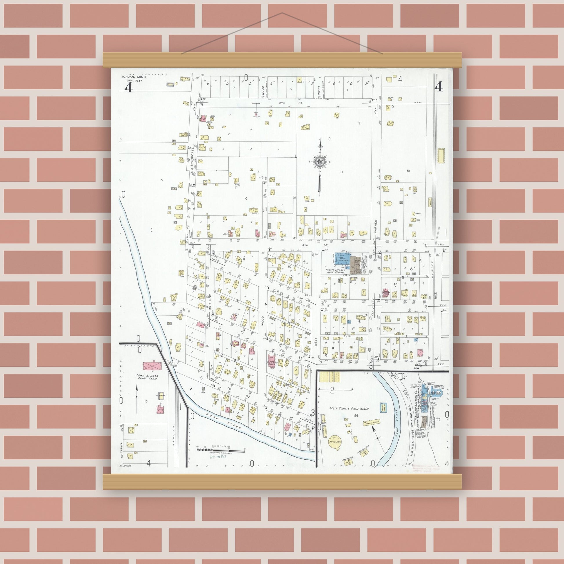 Old map wall art mockup — magnetic wood frame on brick wall — Sanborn Fire Insurance Map from Jordan, Scott County, Minnesota (1947), Sheet #0004