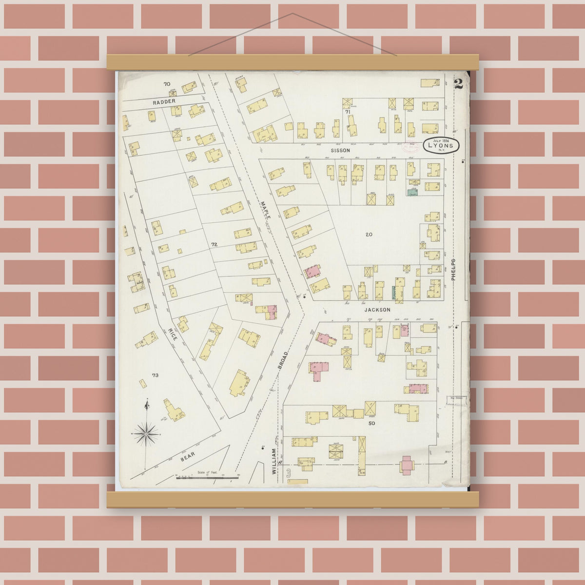 Old map wall art mockup — magnetic wood frame on brick wall — Sanborn Fire Insurance Map from Lyons, Wayne County, New York (1894) - Complete Map Set