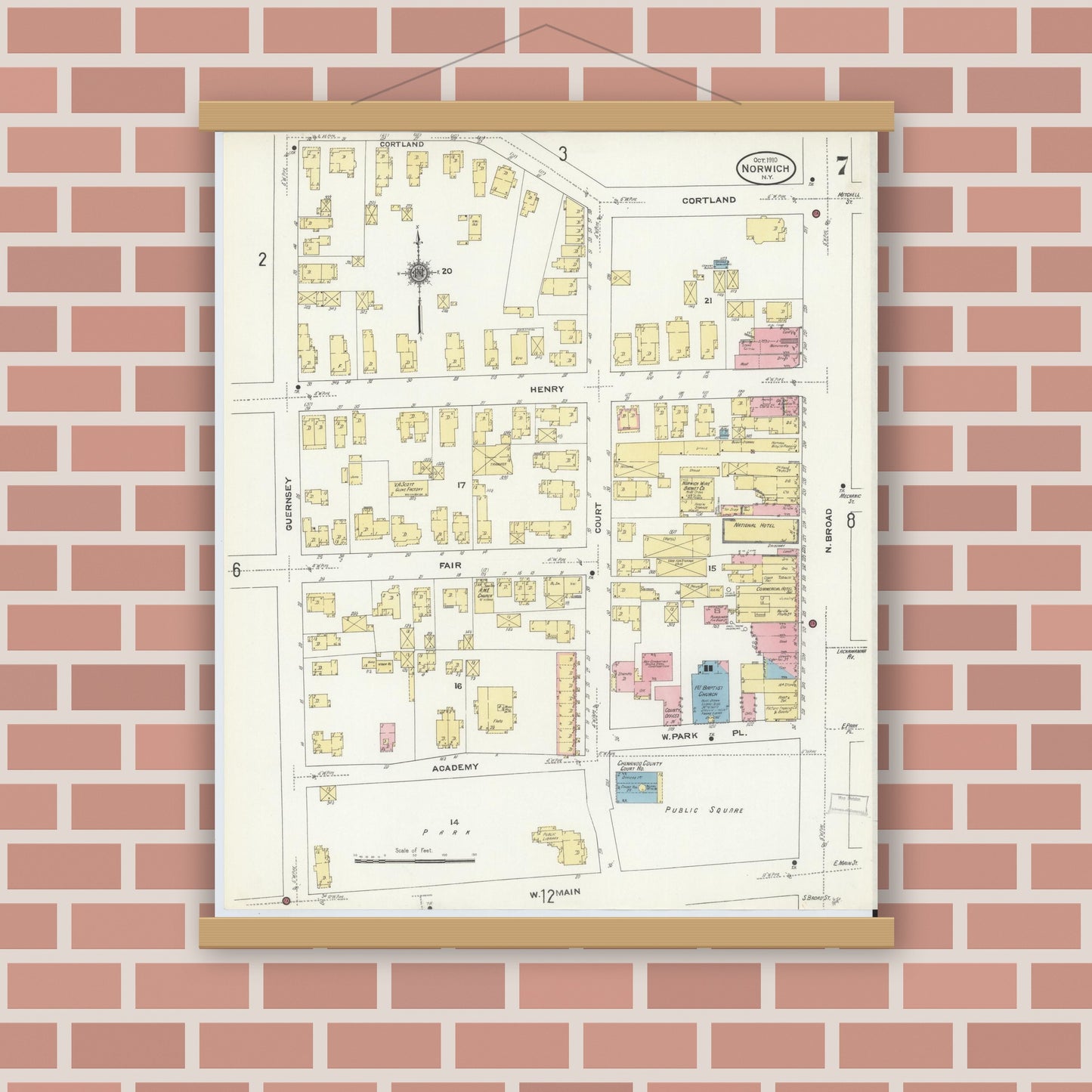 Old map wall art mockup — magnetic wood frame on brick wall — Sanborn Fire Insurance Map from Norwich, Chenango County, New York (1910), Sheet #0007