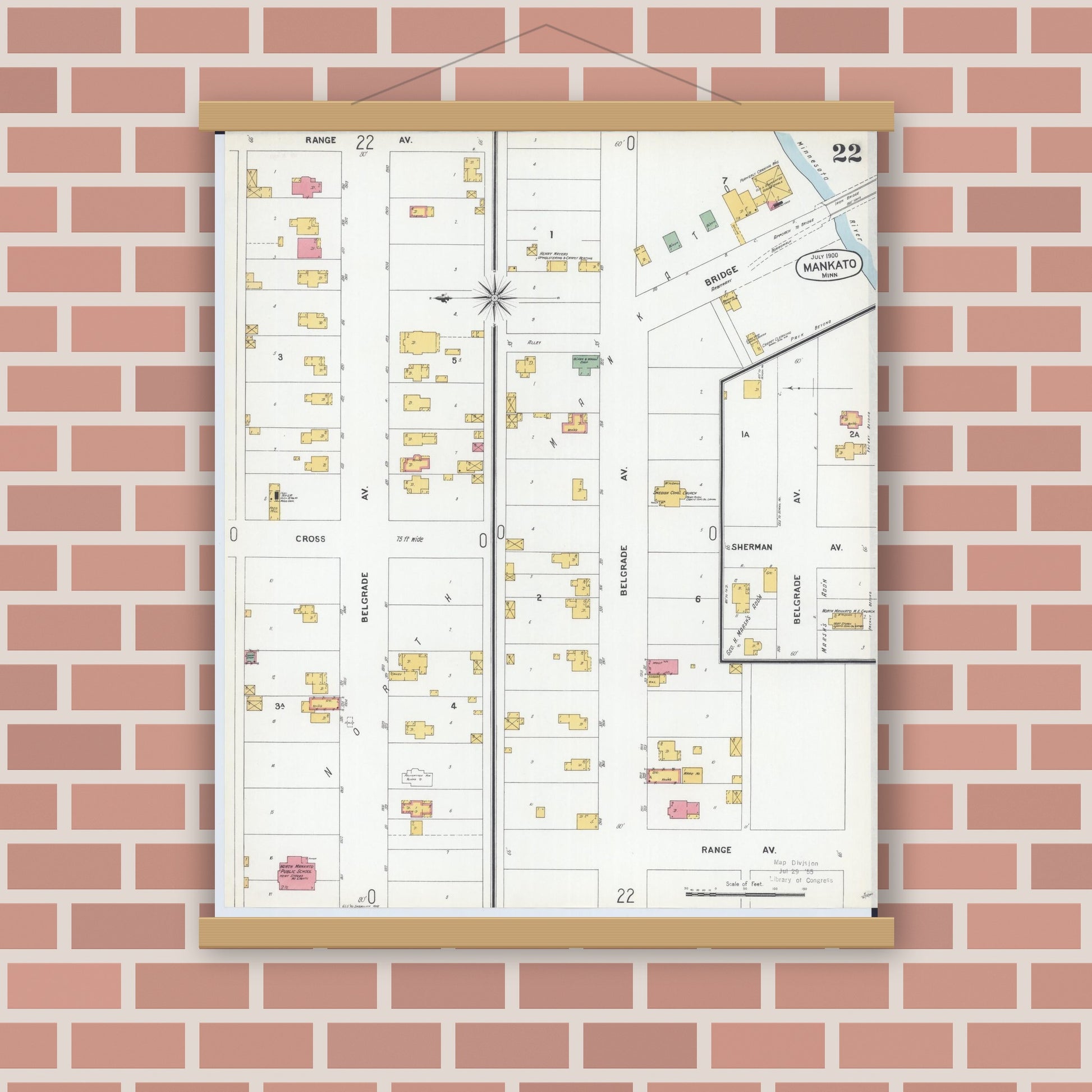 Old map wall art mockup — magnetic wood frame on brick wall — Sanborn Fire Insurance Map from Mankato, Blue Earth County, Minnesota (1900), Sheet #0022
