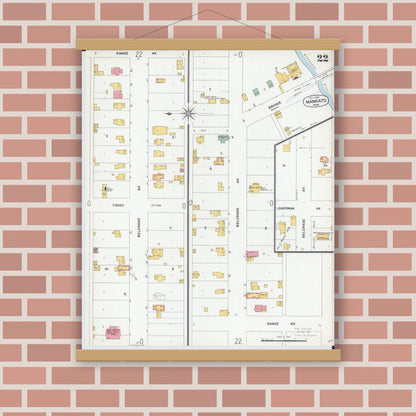 Old map wall art mockup — magnetic wood frame on brick wall — Sanborn Fire Insurance Map from Mankato, Blue Earth County, Minnesota (1900), Sheet #0022