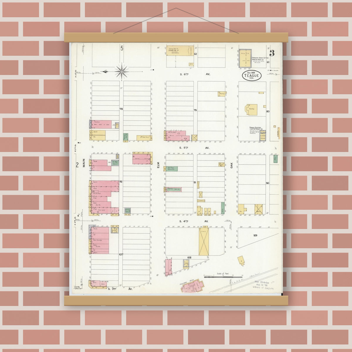 Old map wall art mockup — magnetic wood frame on brick wall — Sanborn Fire Insurance Map from Teague, Freestone County, Texas (1908), Sheet #0003