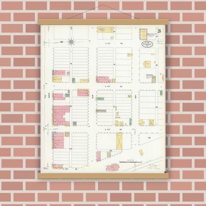 Old map wall art mockup — magnetic wood frame on brick wall — Sanborn Fire Insurance Map from Teague, Freestone County, Texas (1908), Sheet #0003
