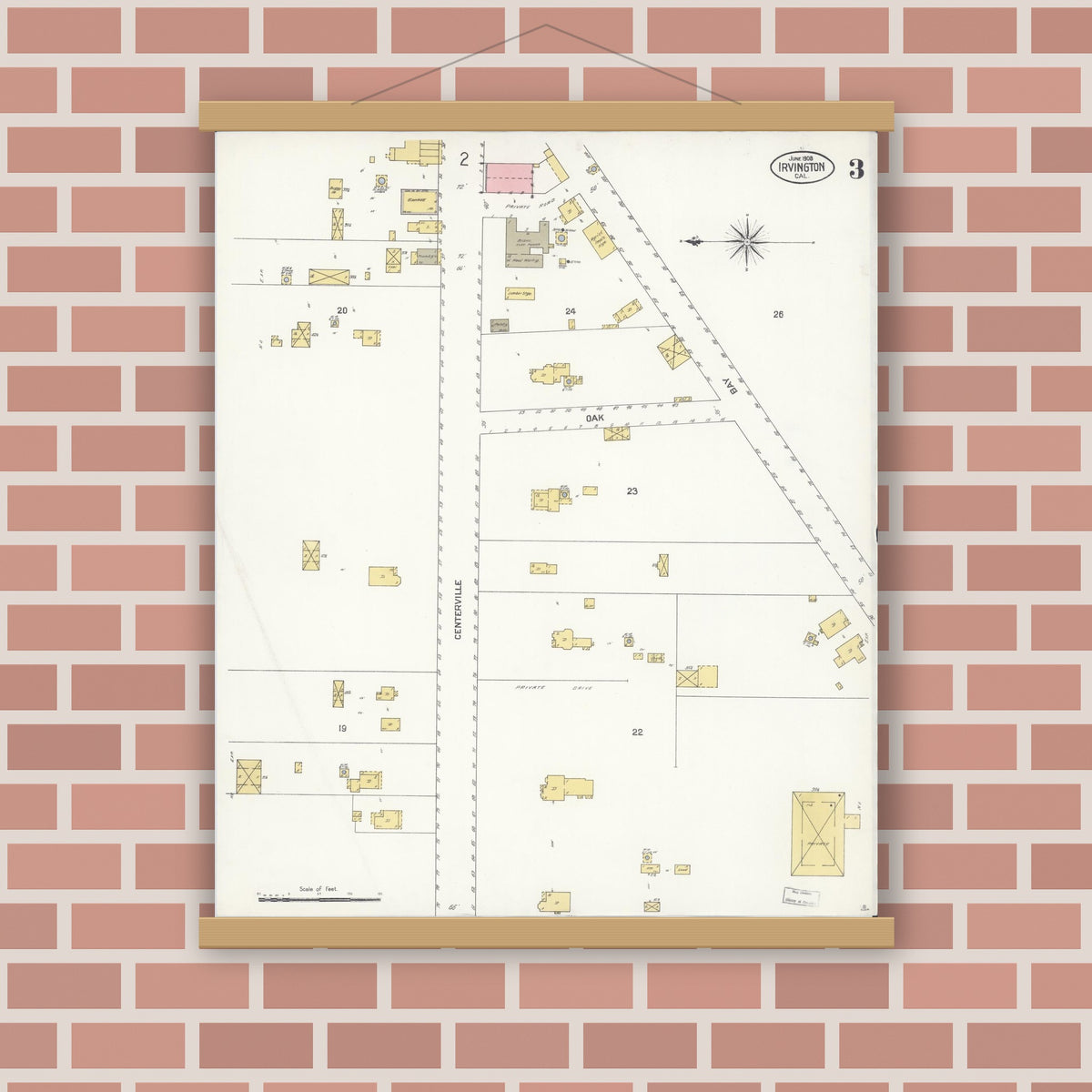 Old map wall art mockup — magnetic wood frame on brick wall — Sanborn Fire Insurance Map from Irvington, Alameda County, California (1908), Sheet #0003