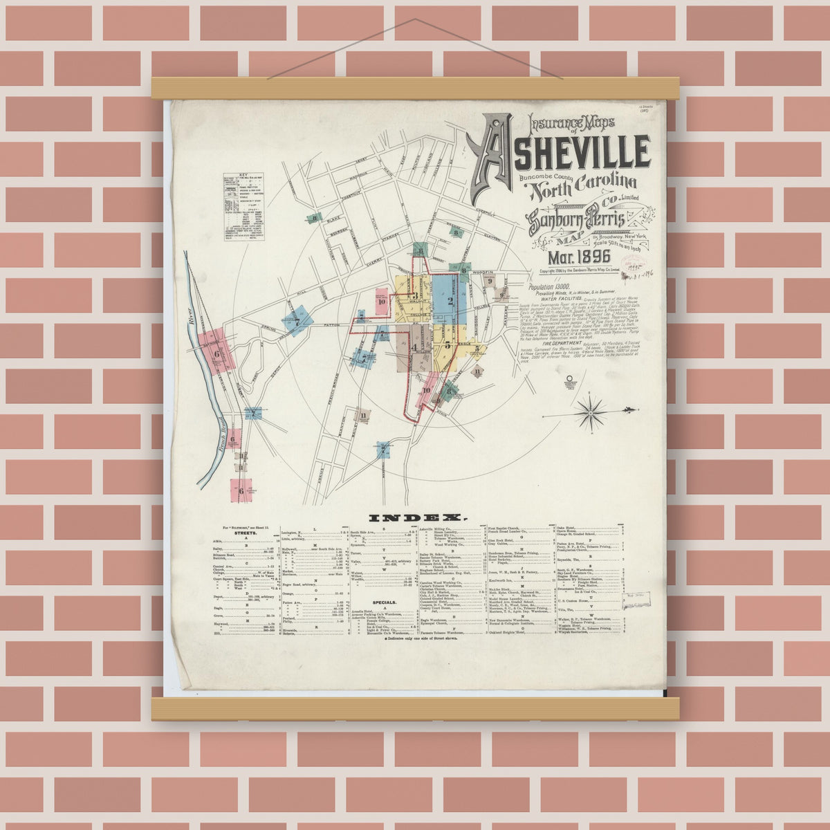 Old map wall art mockup — magnetic wood frame on brick wall — Sanborn Fire Insurance Map from Asheville, Buncombe County, North Carolina (1896) - Complete Map Set