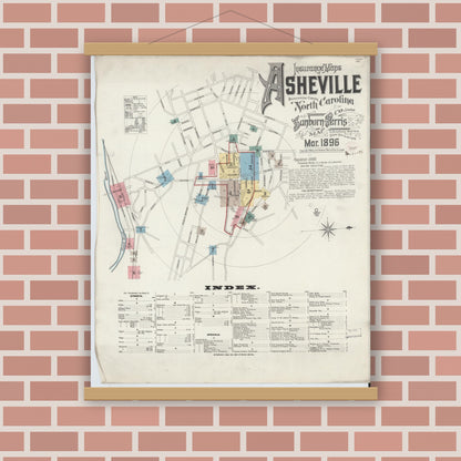 Old map wall art mockup — magnetic wood frame on brick wall — Sanborn Fire Insurance Map from Asheville, Buncombe County, North Carolina (1896) - Complete Map Set