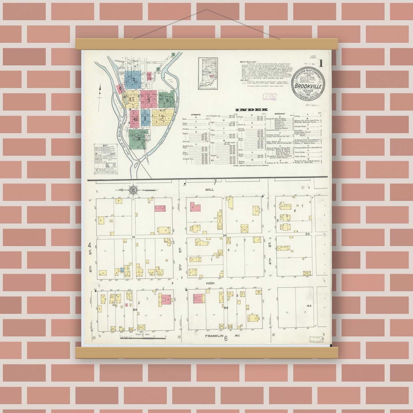 Old map wall art mockup — magnetic wood frame on brick wall — Sanborn Fire Insurance Map from Brookville, Franklin County, Indiana (1913) - Complete Map Set