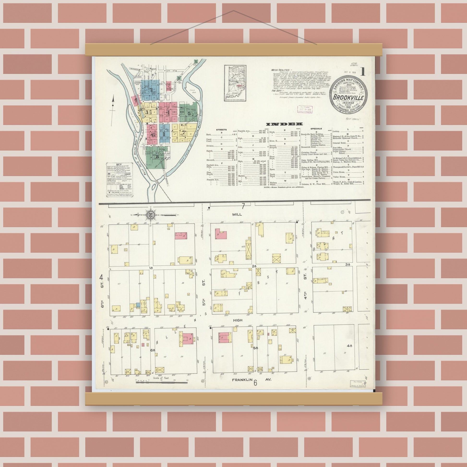 Old map wall art mockup — magnetic wood frame on brick wall — Sanborn Fire Insurance Map from Brookville, Franklin County, Indiana (1913) - Complete Map Set