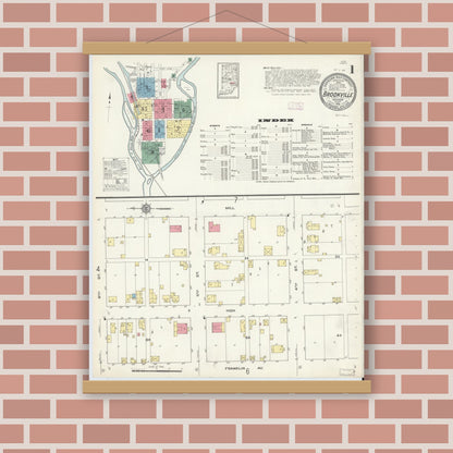 Old map wall art mockup — magnetic wood frame on brick wall — Sanborn Fire Insurance Map from Brookville, Franklin County, Indiana (1913) - Complete Map Set