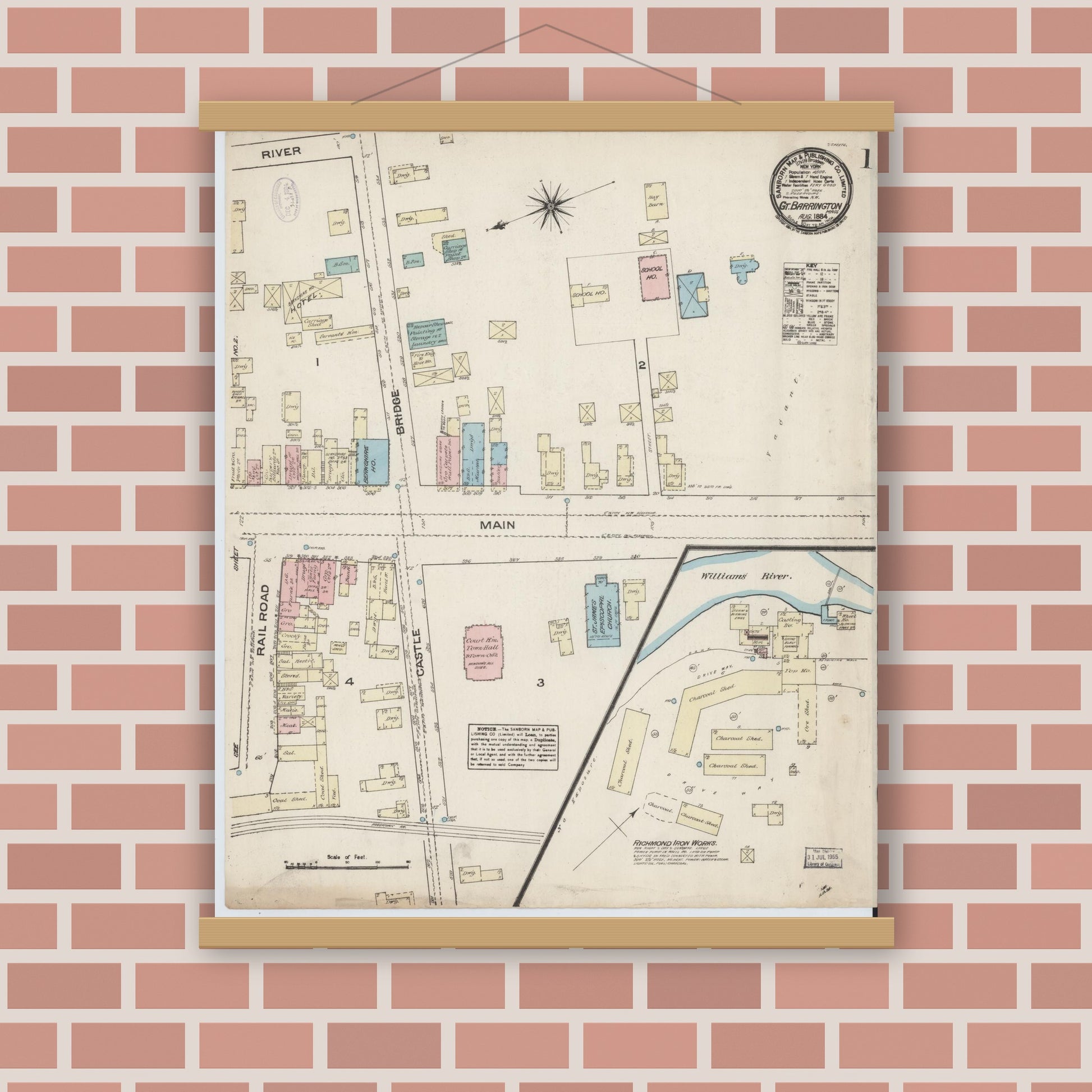 Old map wall art mockup — magnetic wood frame on brick wall — Sanborn Fire Insurance Map from Great Barrington, Berkshire County, Massachusetts (1884), Sheet #0001