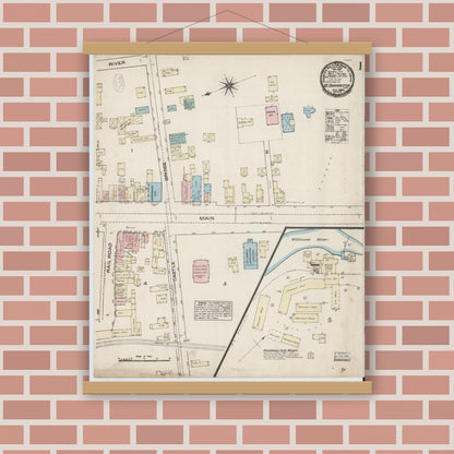 Old map wall art mockup — magnetic wood frame on brick wall — Sanborn Fire Insurance Map from Great Barrington, Berkshire County, Massachusetts (1884), Sheet #0001