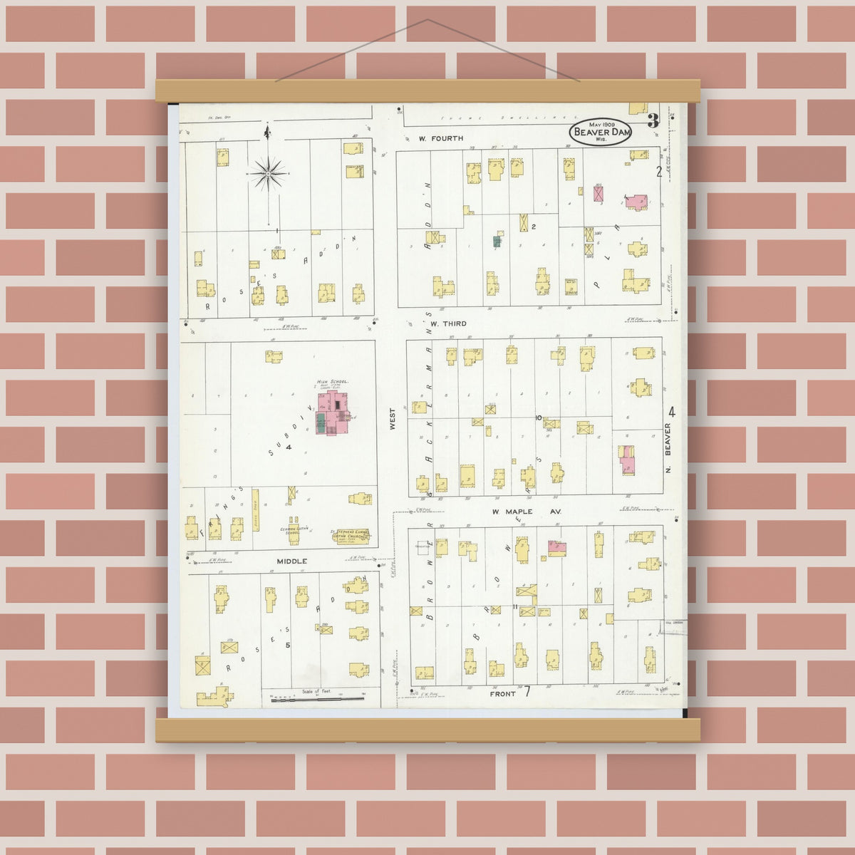 Old map wall art mockup — magnetic wood frame on brick wall — Sanborn Fire Insurance Map from Beaver Dam, Dodge County, Wisconsin (1909), Sheet #0003