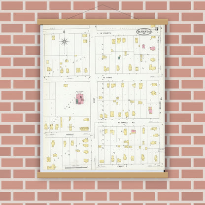 Old map wall art mockup — magnetic wood frame on brick wall — Sanborn Fire Insurance Map from Beaver Dam, Dodge County, Wisconsin (1909), Sheet #0003