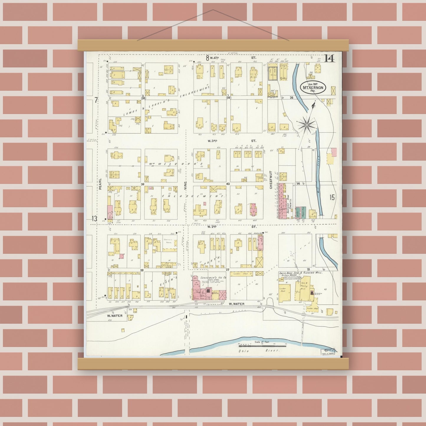 Old map wall art mockup — magnetic wood frame on brick wall — Sanborn Fire Insurance Map from Mount Vernon, Posey County, Indiana (1907), Sheet #0014