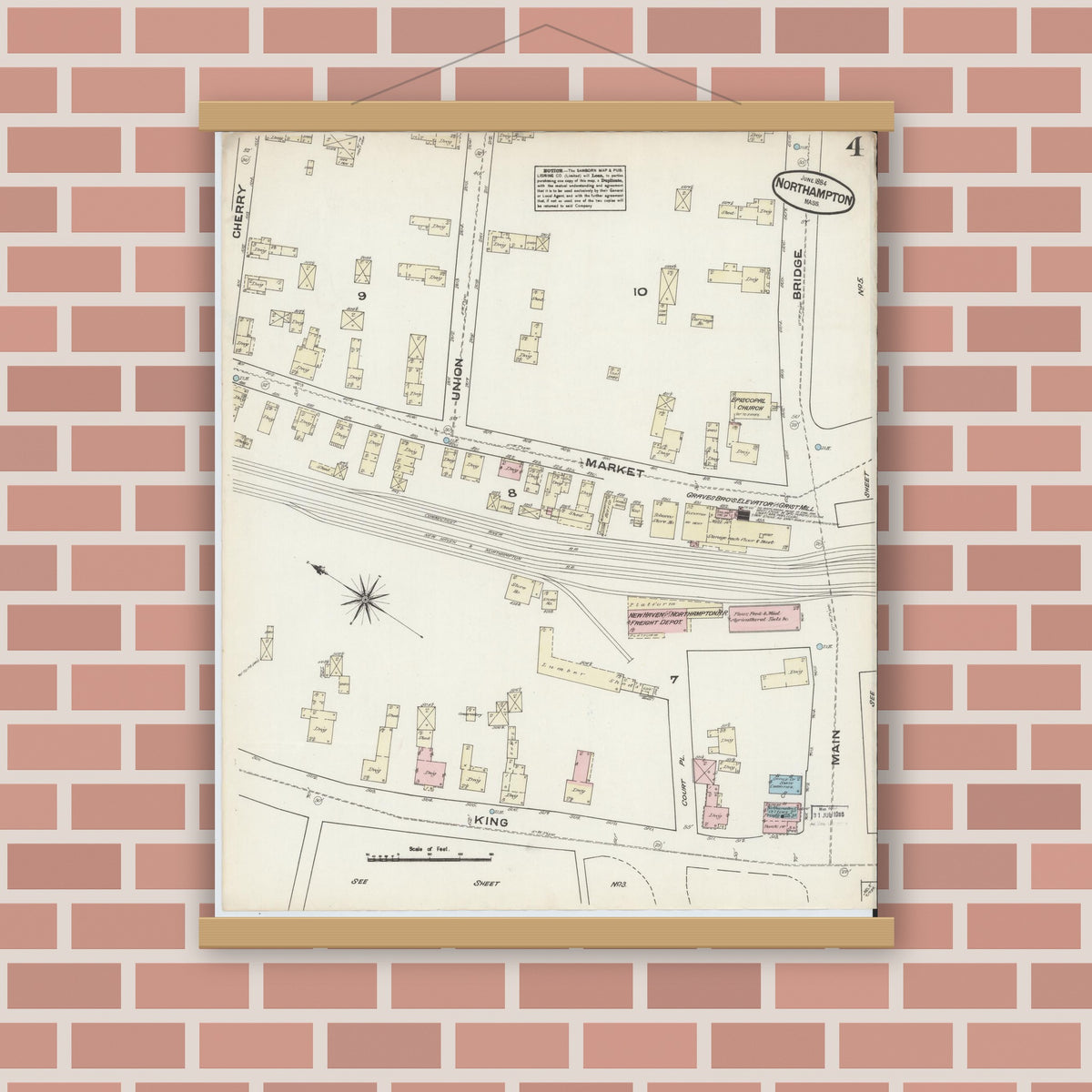 Old map wall art mockup — magnetic wood frame on brick wall — Sanborn Fire Insurance Map from Northampton, Hampshire County, Massachusetts (1884), Sheet #0004