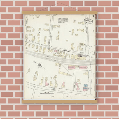 Old map wall art mockup — magnetic wood frame on brick wall — Sanborn Fire Insurance Map from Northampton, Hampshire County, Massachusetts (1884), Sheet #0004