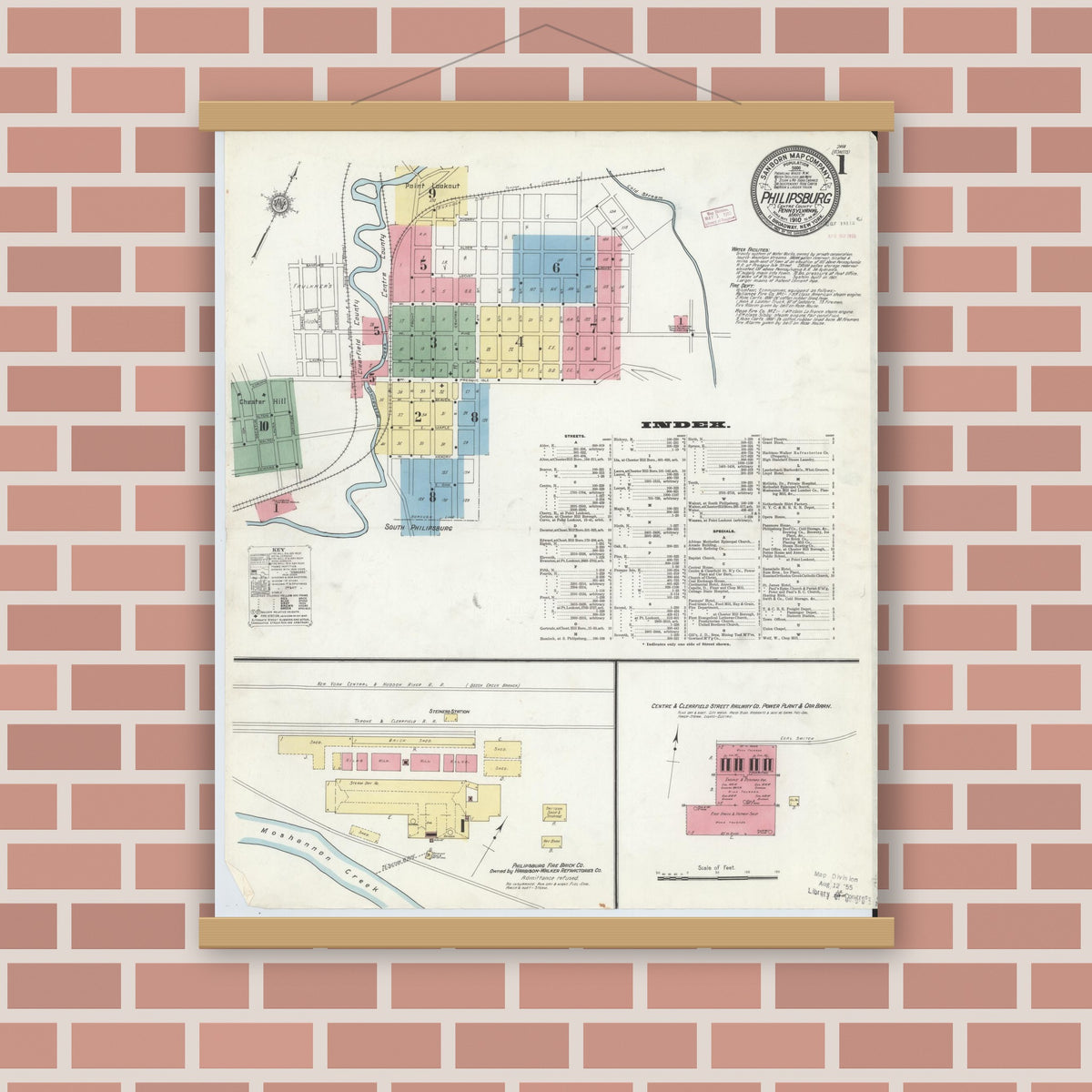 Old map wall art mockup — magnetic wood frame on brick wall — Sanborn Fire Insurance Map from Philipsburg, Centre County, Pennsylvania (1910) - Complete Map Set