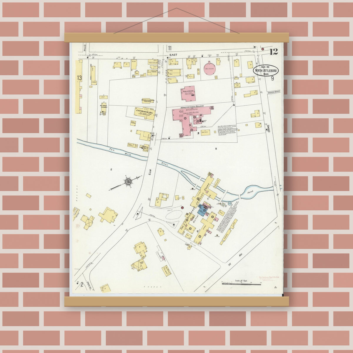 Old map wall art mockup — magnetic wood frame on brick wall — Sanborn Fire Insurance Map from North Attleborough, Bristol County, Massachusetts (1911), Sheet #0012