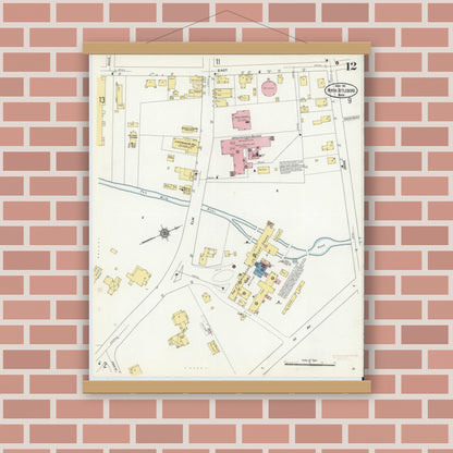 Old map wall art mockup — magnetic wood frame on brick wall — Sanborn Fire Insurance Map from North Attleborough, Bristol County, Massachusetts (1911), Sheet #0012