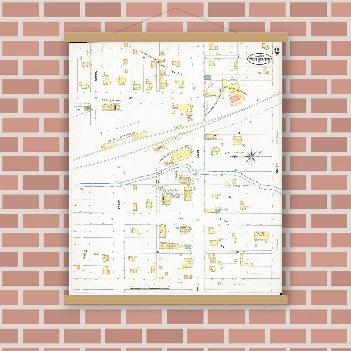 Old map wall art mockup — magnetic wood frame on brick wall — Sanborn Fire Insurance Map from West Branch, Cedar County, Iowa (1900), Sheet #0002