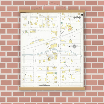 Old map wall art mockup — magnetic wood frame on brick wall — Sanborn Fire Insurance Map from West Branch, Cedar County, Iowa (1900), Sheet #0002