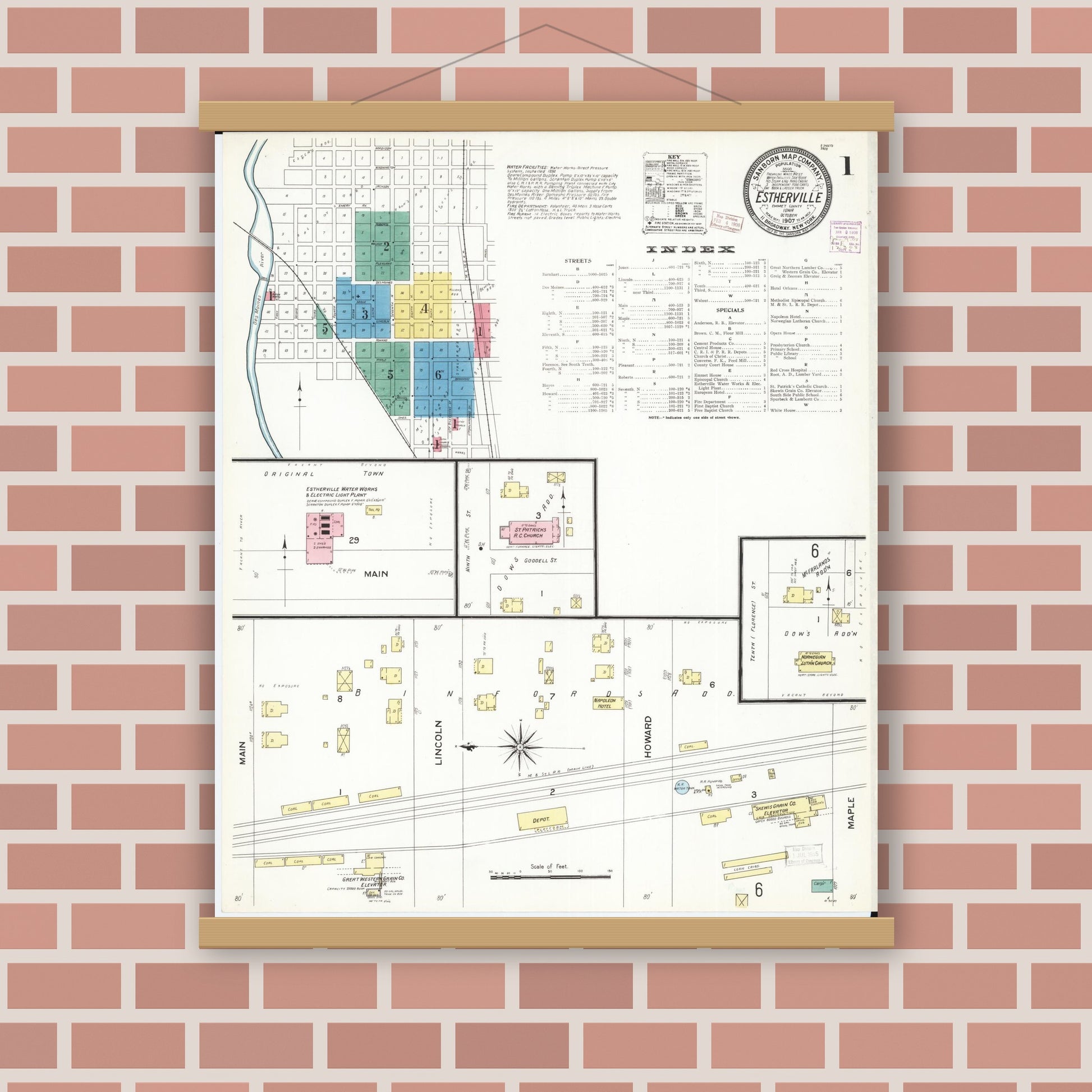 Old map wall art mockup — magnetic wood frame on brick wall — Sanborn Fire Insurance Map from Estherville, Emmet County, Iowa (1907), Sheet #0001