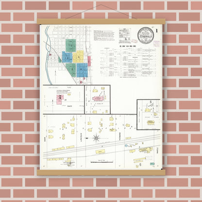 Old map wall art mockup — magnetic wood frame on brick wall — Sanborn Fire Insurance Map from Estherville, Emmet County, Iowa (1907), Sheet #0001