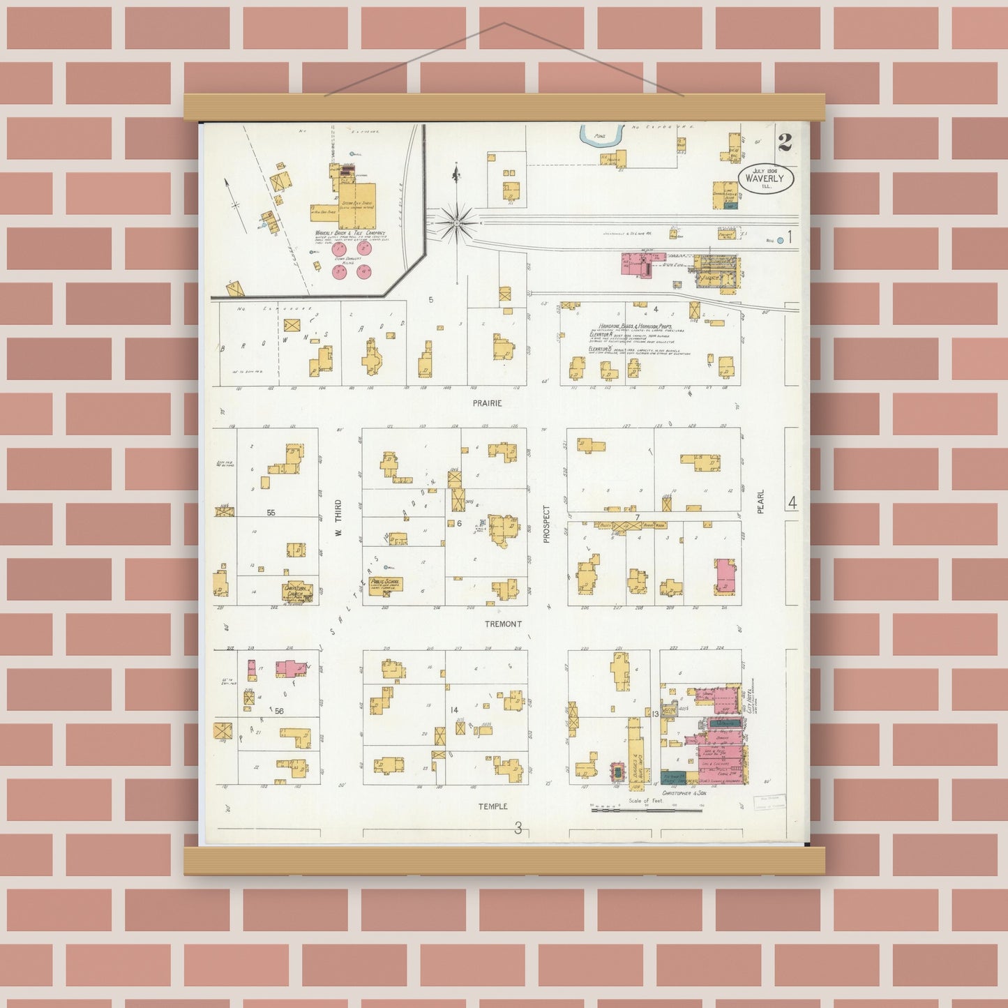 Old map wall art mockup — magnetic wood frame on brick wall — Sanborn Fire Insurance Map from Waverly, Morgan County, Illinois (1906), Sheet #0002