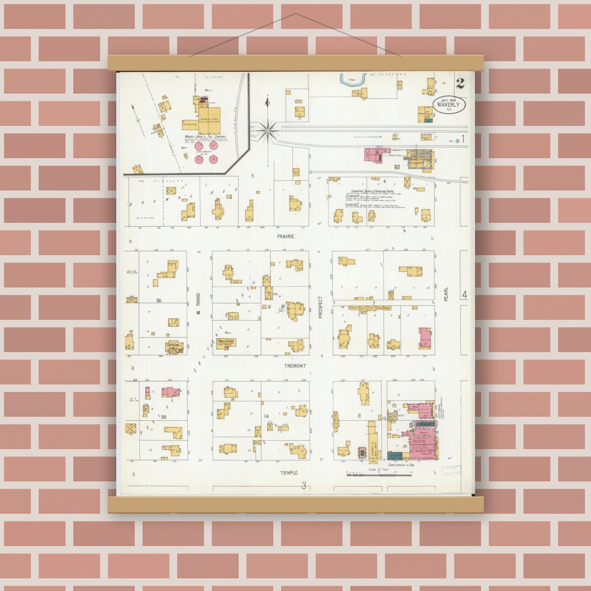 Old map wall art mockup — magnetic wood frame on brick wall — Sanborn Fire Insurance Map from Waverly, Morgan County, Illinois (1906), Sheet #0002