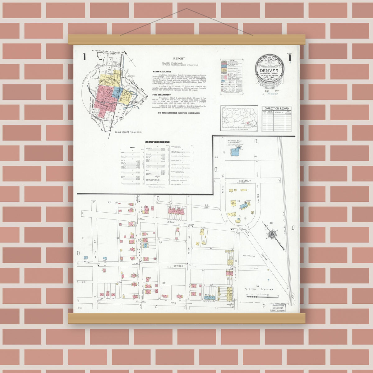 Old map wall art mockup — magnetic wood frame on brick wall — Sanborn Fire Insurance Map from Denver, Lancaster County, Pennsylvania (1947), Sheet #0001