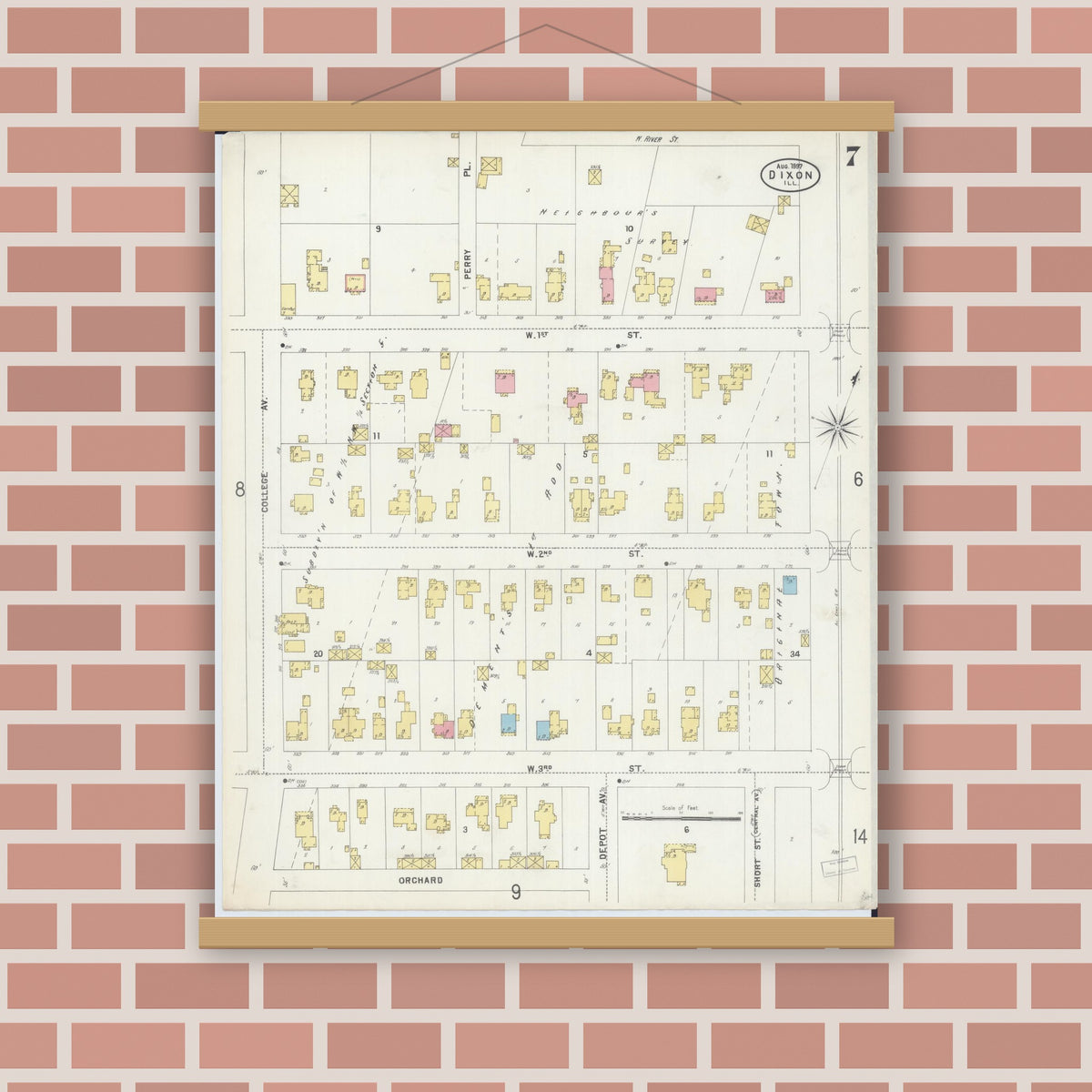 Old map wall art mockup — magnetic wood frame on brick wall — Sanborn Fire Insurance Map from Dixon, Lee County, Illinois (1897), Sheet #0007