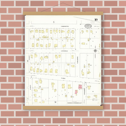 Old map wall art mockup — magnetic wood frame on brick wall — Sanborn Fire Insurance Map from Newton, Jasper County, Iowa (1911), Sheet #0010