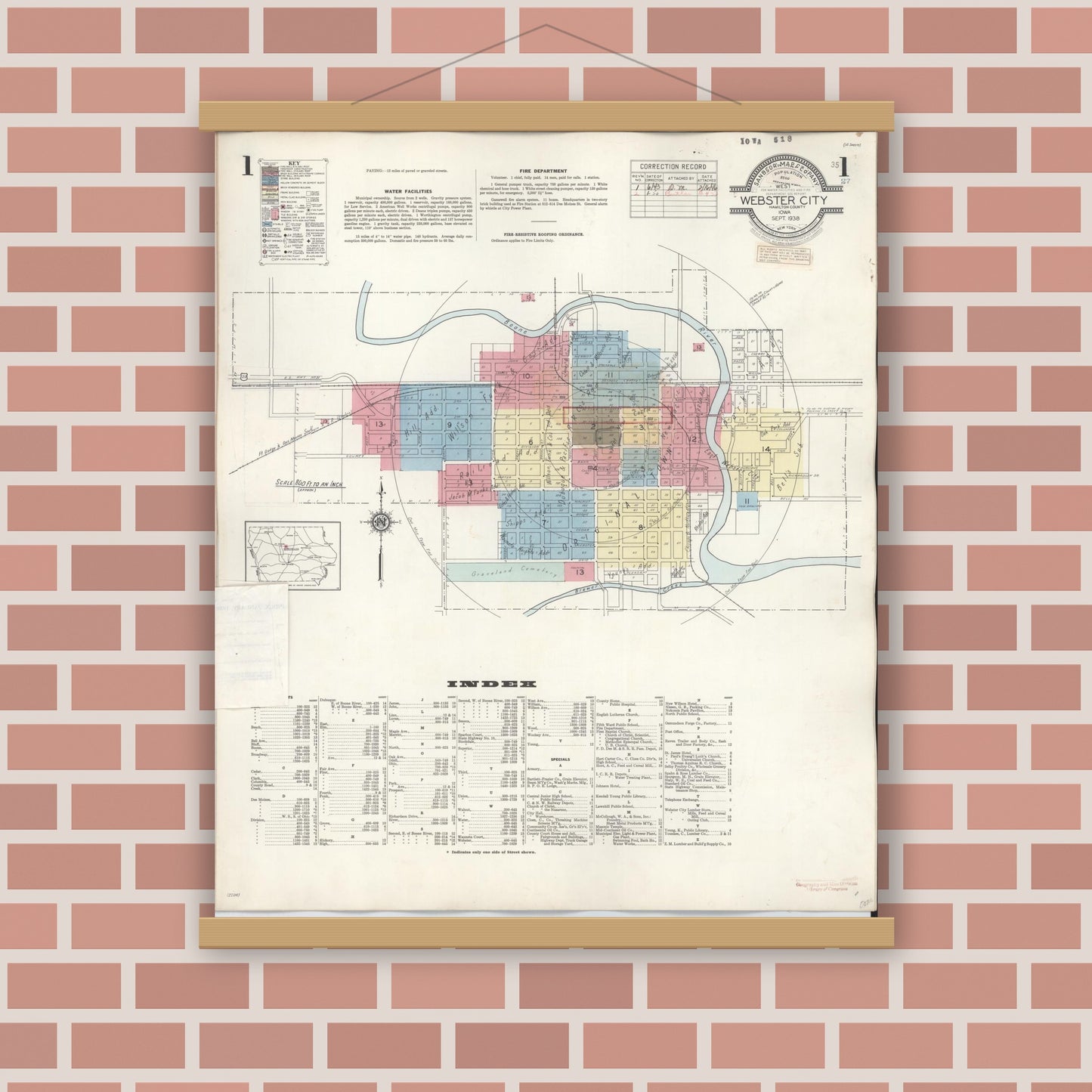 Old map wall art mockup — magnetic wood frame on brick wall — Sanborn Fire Insurance Map from Webster City, Hamilton County, Iowa (1950), Sheet #0001